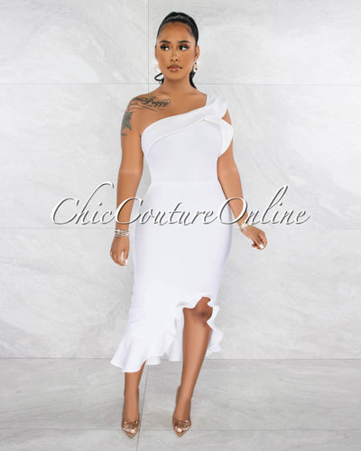 Galina Off-White Ruffle Accent Bandage Midi Dress