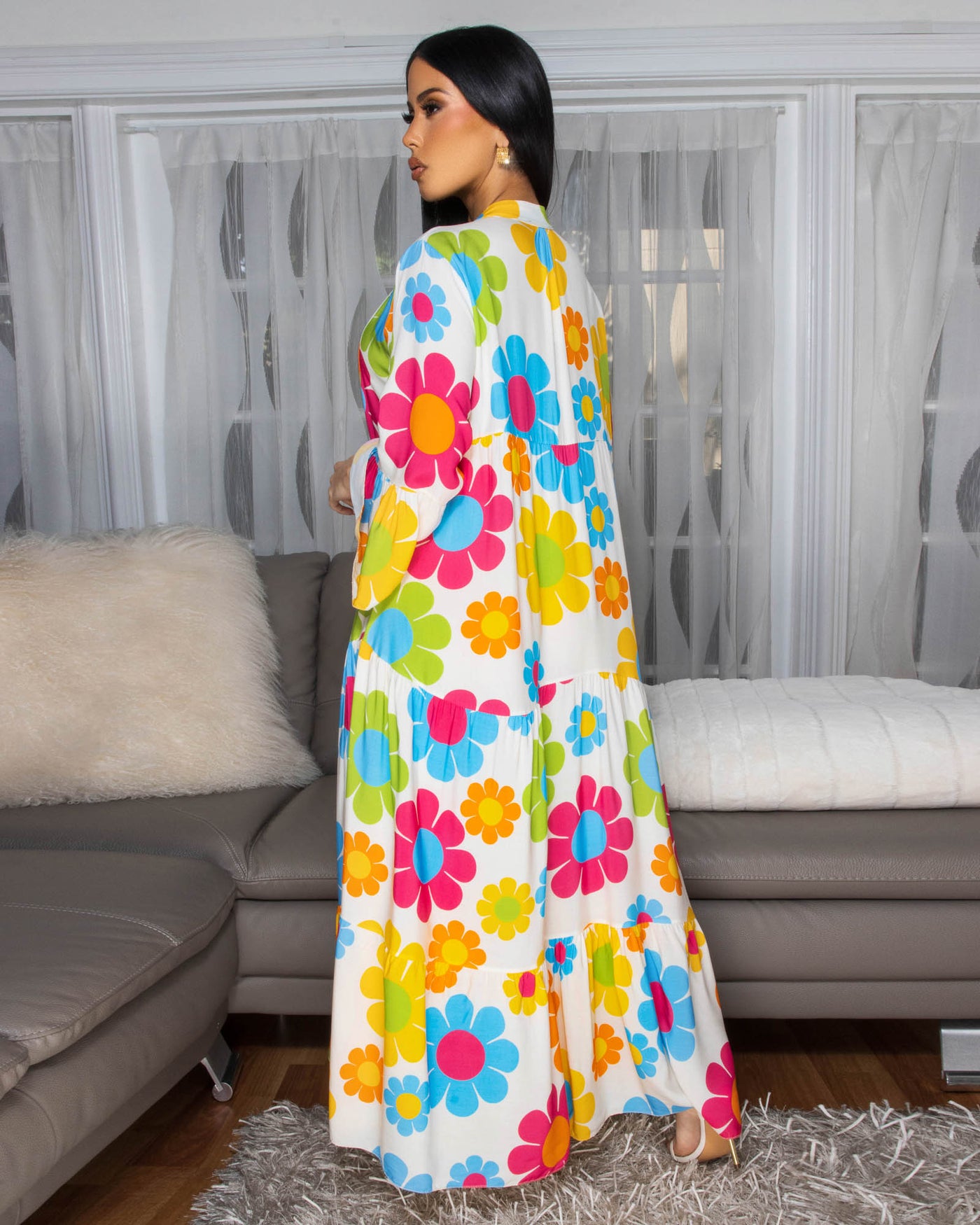Tallas White Multi-Color Floral Print Maxi Dress