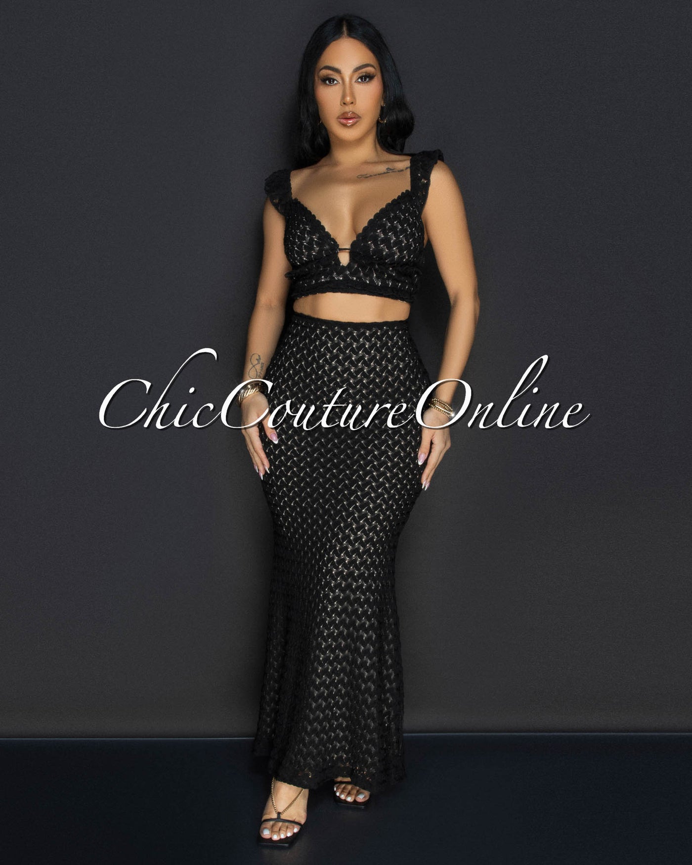 Miu Black Lace Ruffle Top & Skirt Two Piece Set