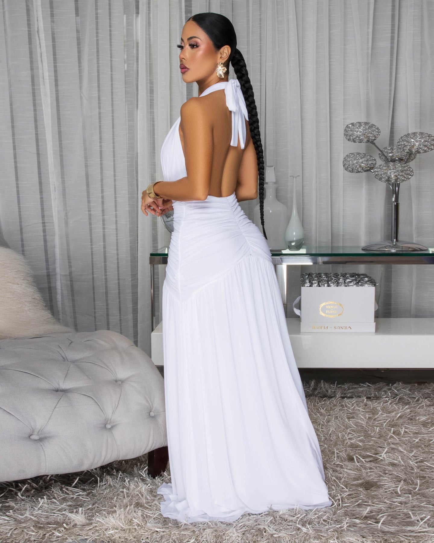 Santona White Print Ruched Halter Maxi Dress