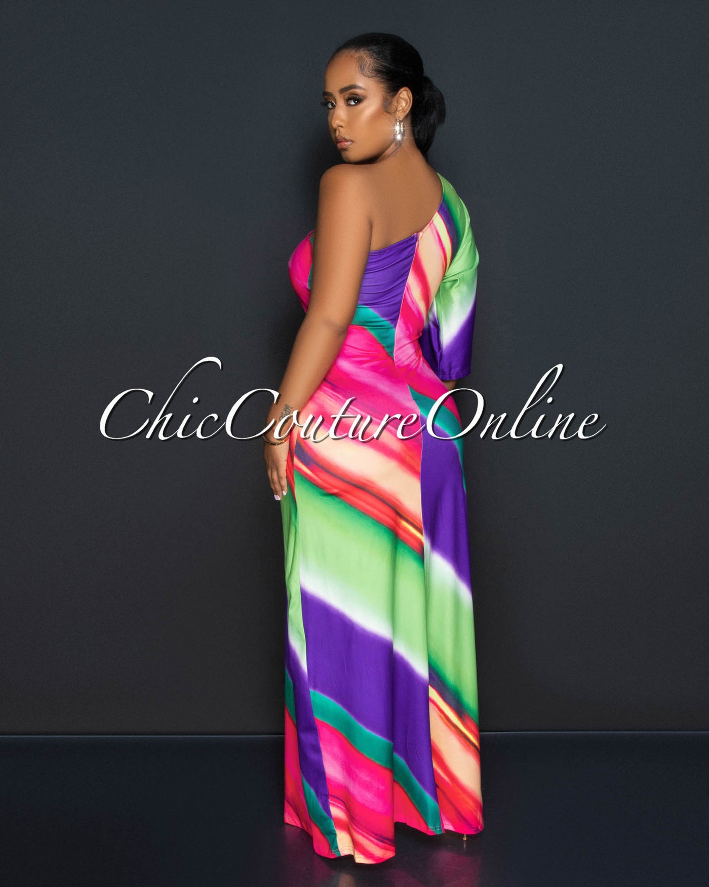 Disa Multi-Color Print Single Shoulder Maxi Dress