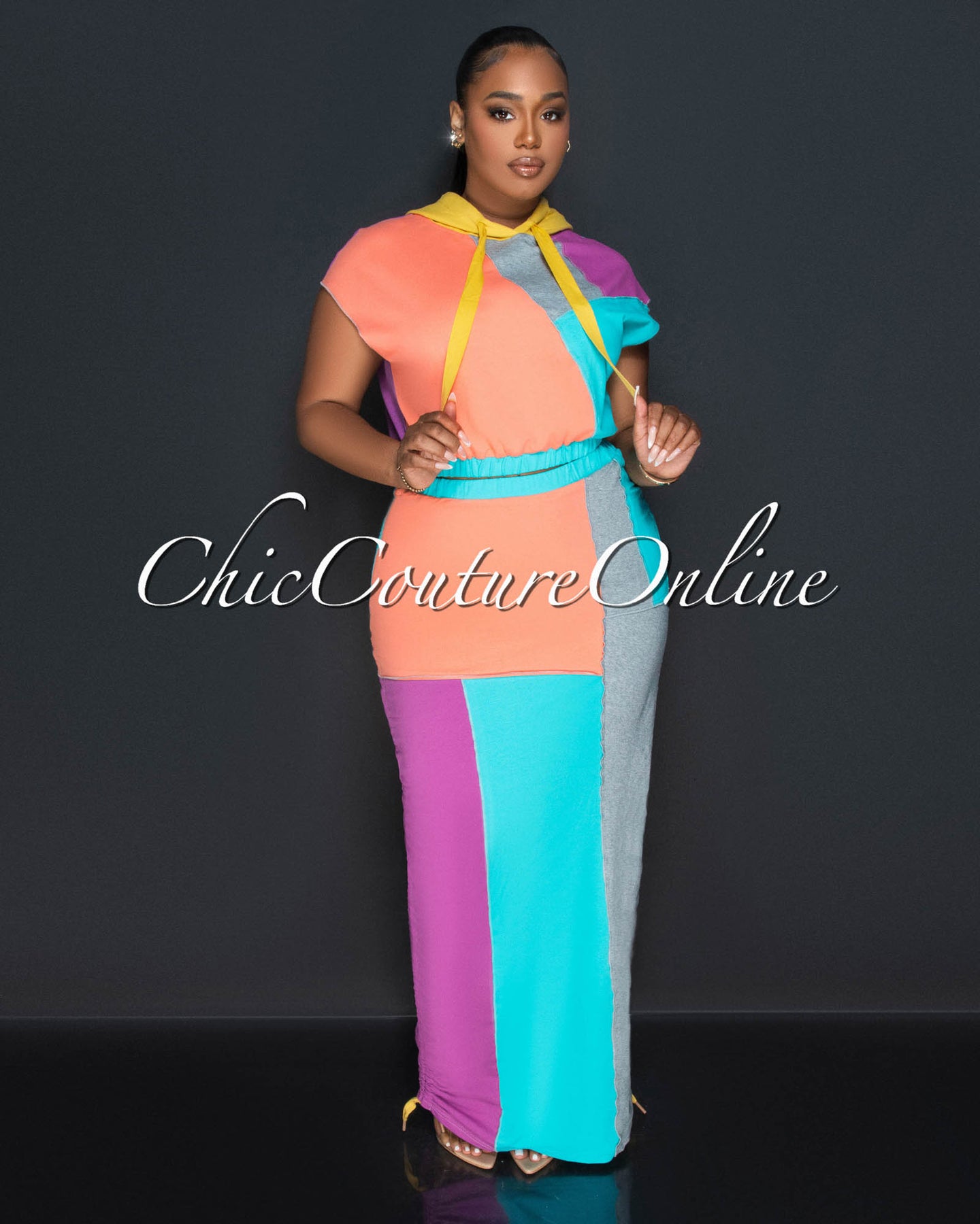 Zelia Color Block Hoodie Crop Top & Ruched Skirt Set