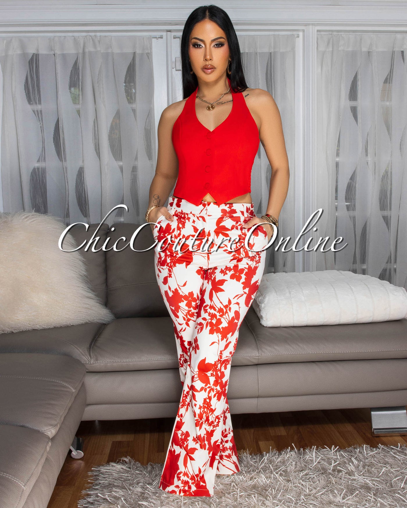 Larrah Cream Red Floral Print Straight Pants