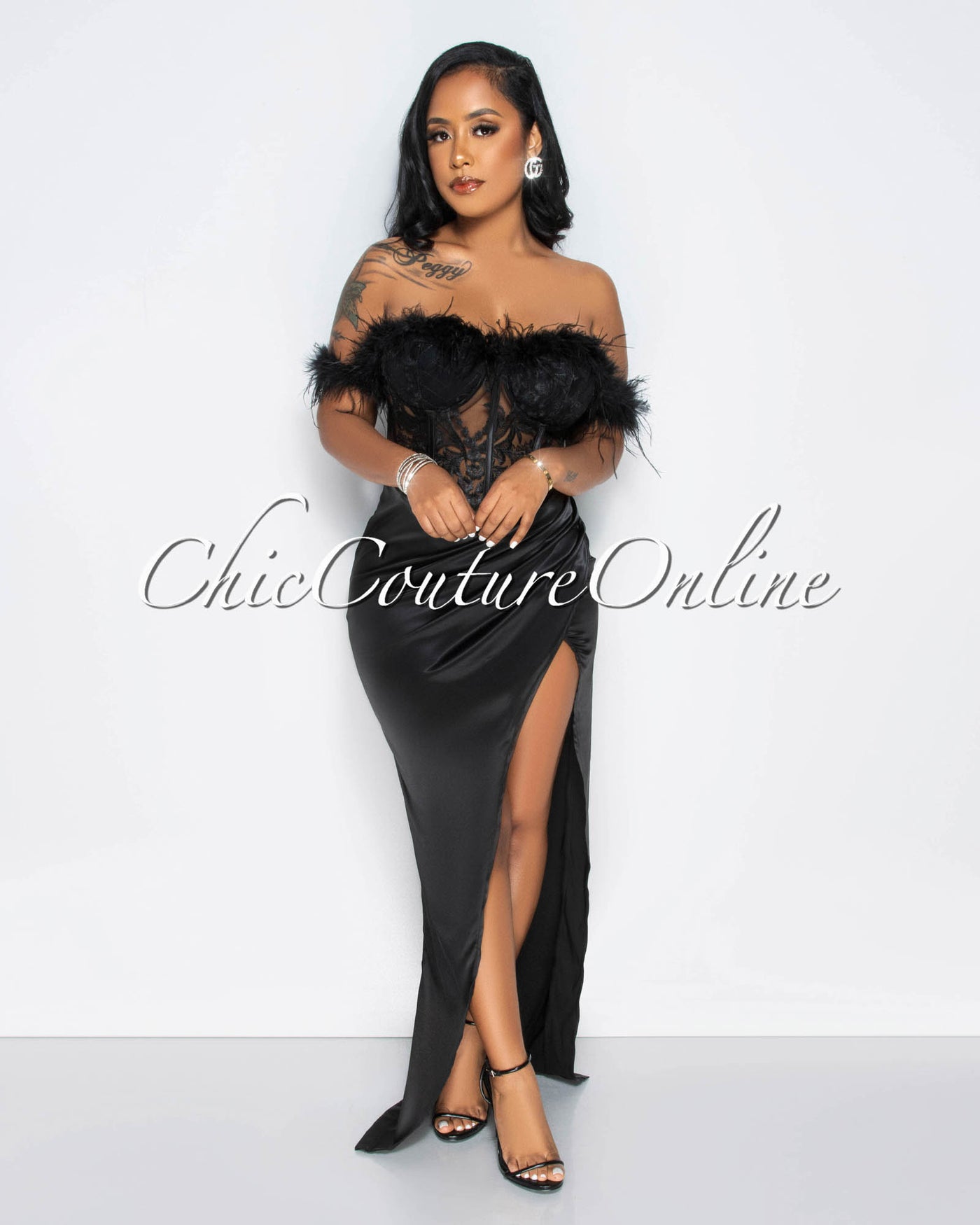 Ludvie Black Lace Corset Feathers Silky Maxi Dress