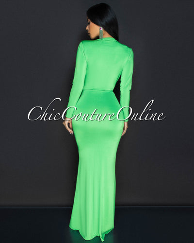 Cordelia Apple Green Long Sleeves Deep V-Neck Maxi Dress