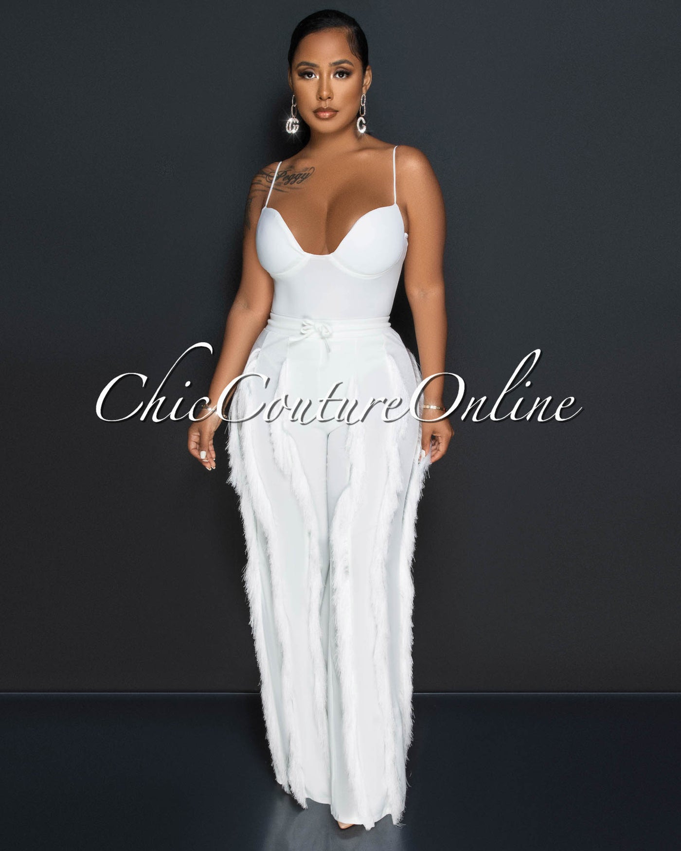 *Cofra Off-White Padded Cups Bodysuit & Fringe Pants Set
