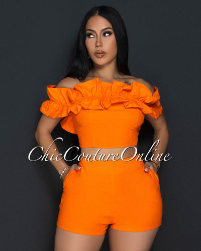 Drea Orange Ruffle Strapless Crop Top & Shorts Set