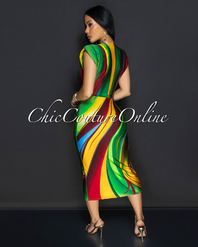 Alizey Multi-Color Deep V Front Midi Dress