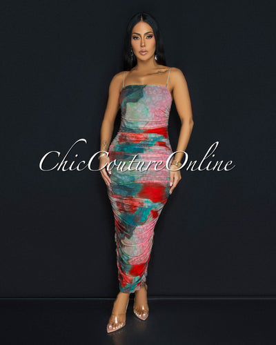 Murielle Rose Multi-Color Print Ruched Midi Dress