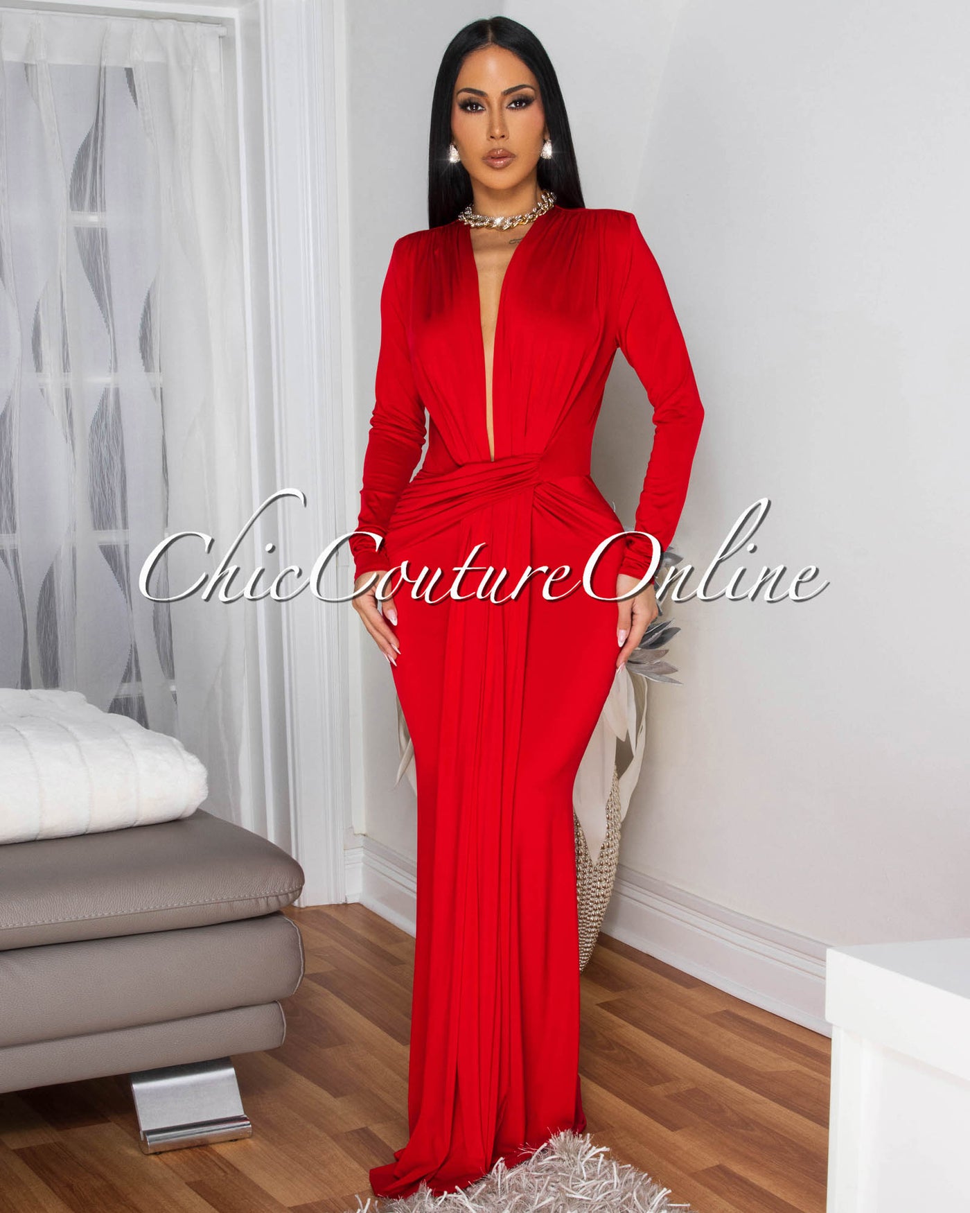 Shelley Red Long Sleeves Deep V-Neck Maxi Dress