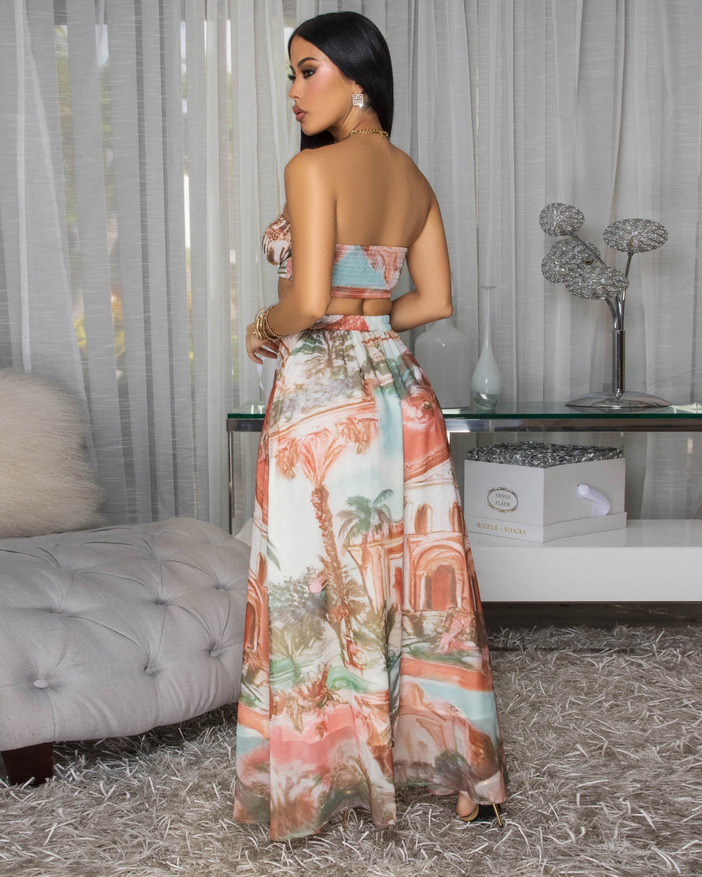 Baylor Taupe Coral Multi-Color Print Skirt Set