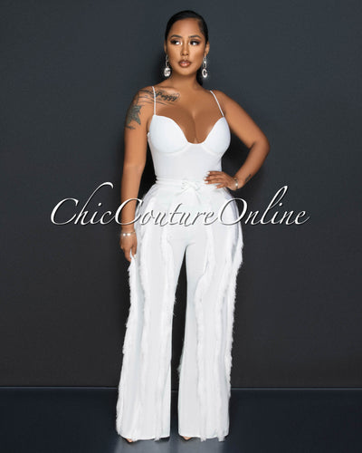 *Cofra Off-White Padded Cups Bodysuit & Fringe Pants Set