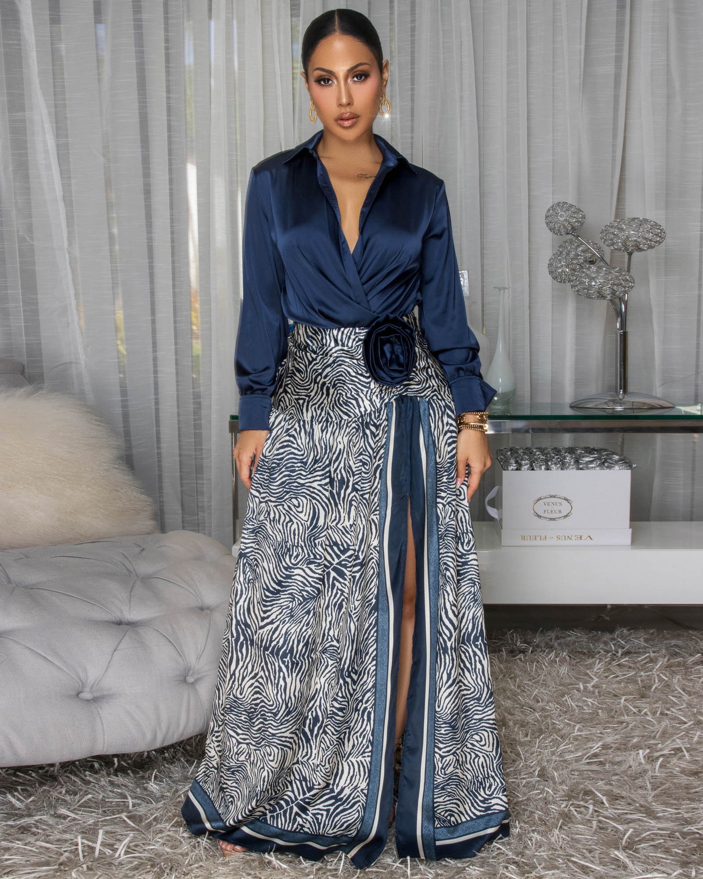 Elsie Navy-Blue Beige Zebra Print Faux-Wrap Maxi Dress