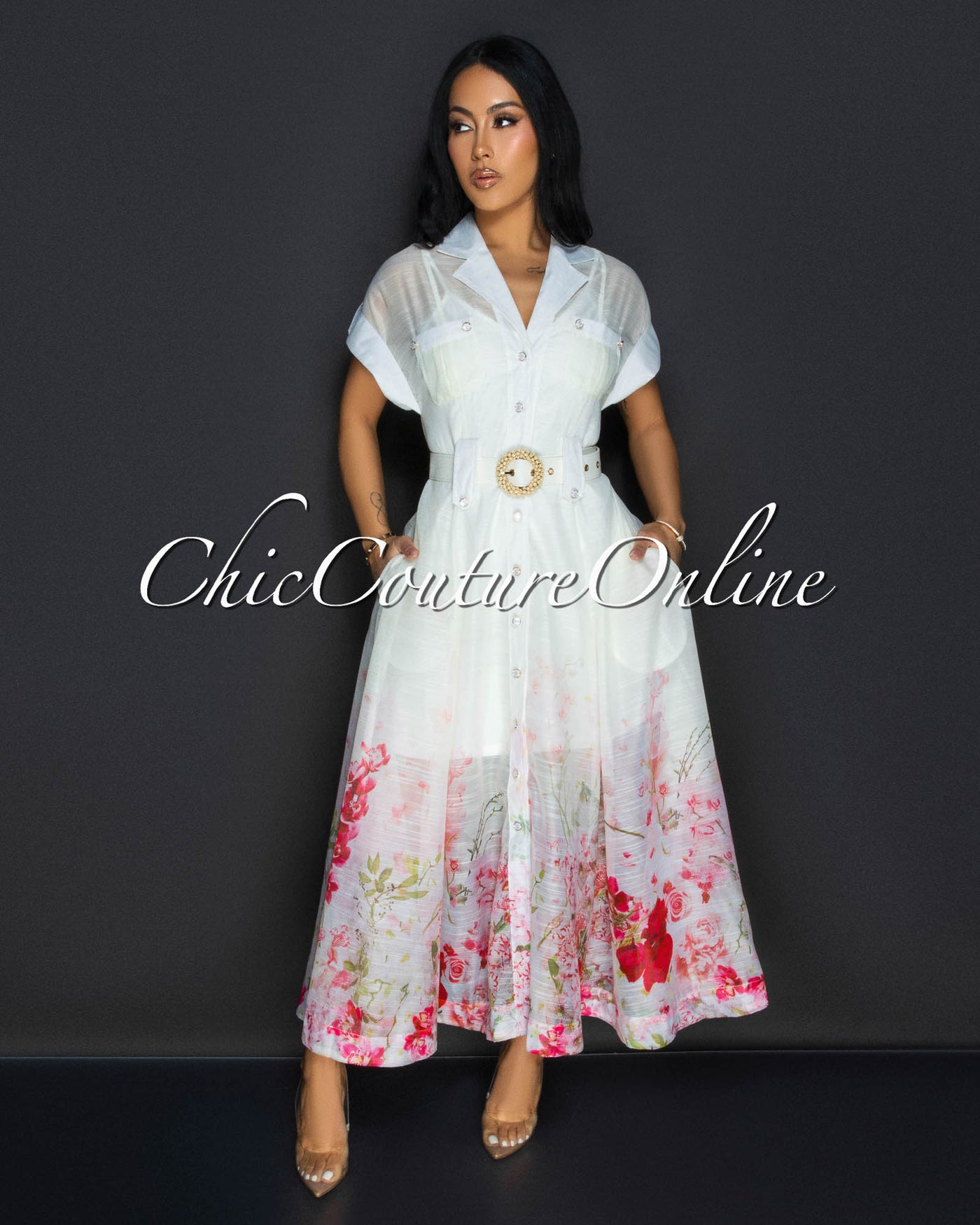 Zaria Cream Floral Print Gold Buttons Belted Maxi Dress