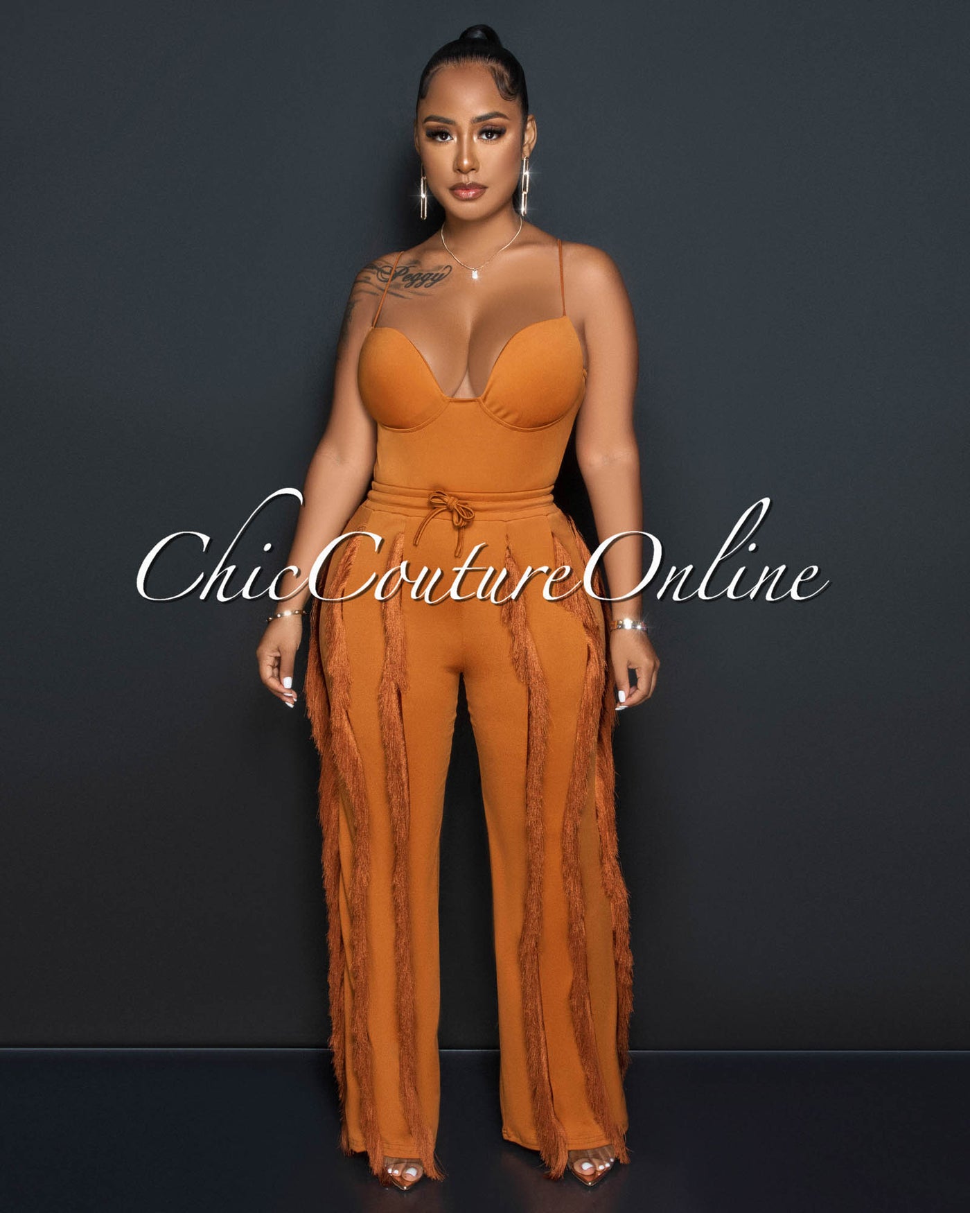 *Cofra Brown Padded Cups Bodysuit & Fringe Pants Set