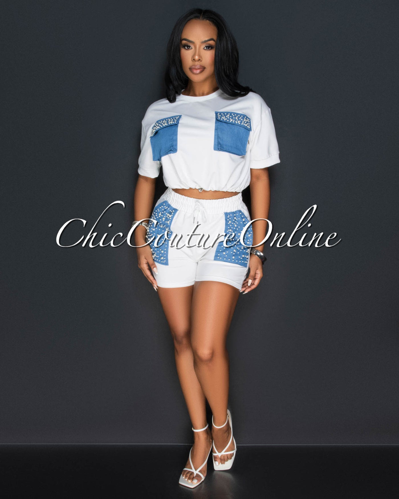 Panora White Blue Pearl Pockets Crop Top & Shorts Sporty Set