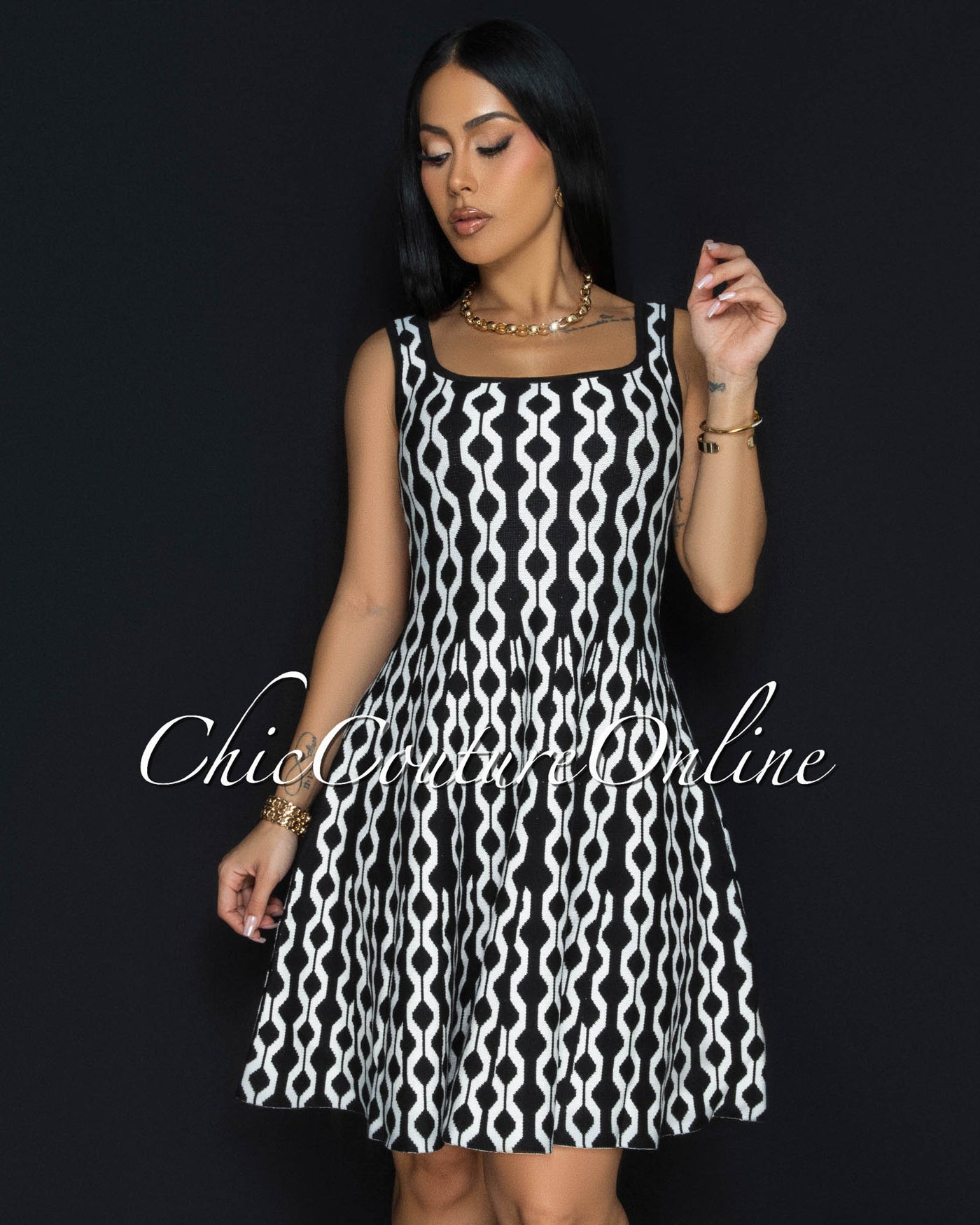 Cania Black White Print Knit Skater Dress