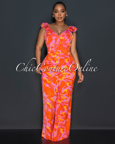 Clay Pink Orange Ruffle Sleeves Crop Top & Wide Pants Set