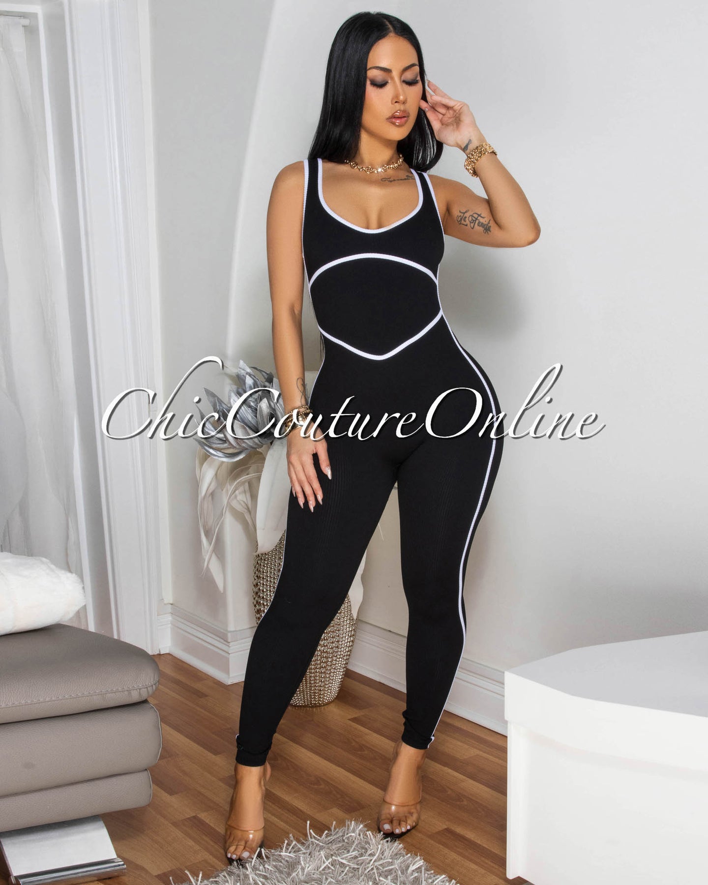 Sunnia Black White Trim Ribbed BodyCon Jumpsuit