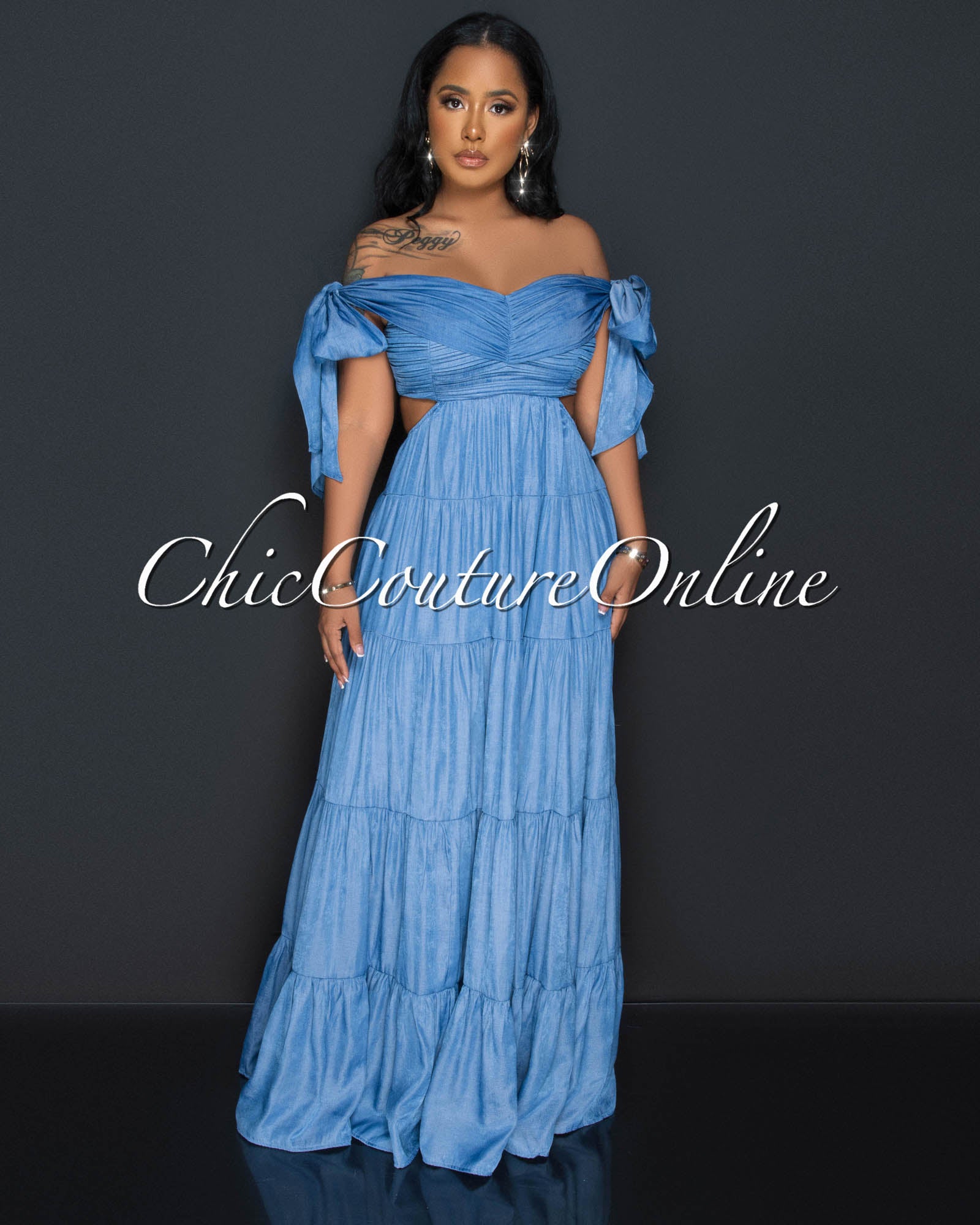 Rhondy Blue Chambray Ruffle Off-The Shoulder Maxi Dress