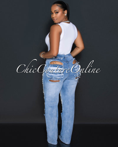 Fantana Light Denim Pearl & Rhinestones Destroyed Jeans