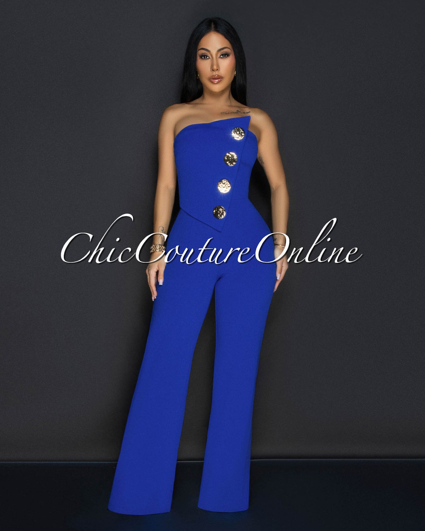 Amiri Royal-Blue Gold Accent Button Strapless Jumpsuit