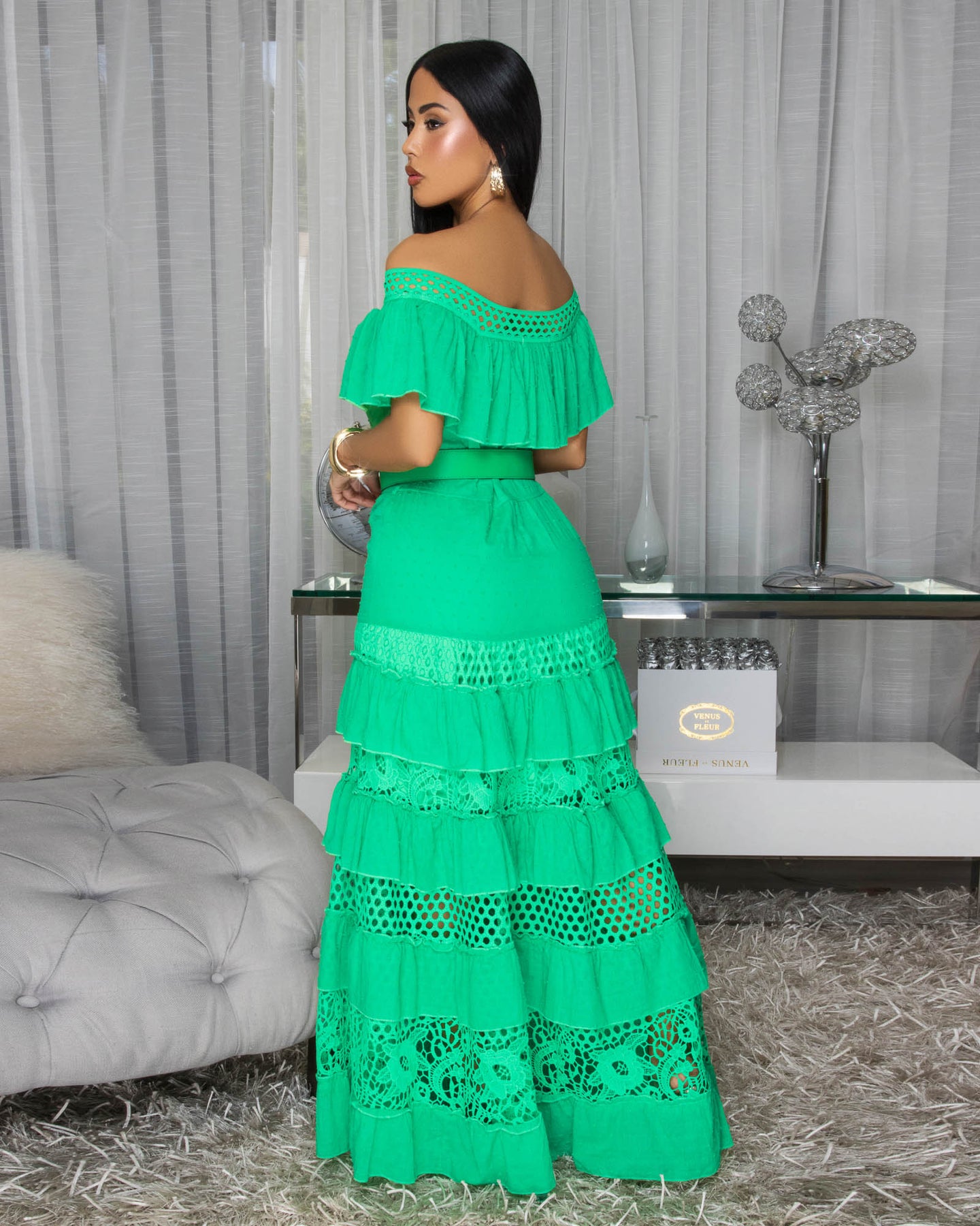 Nessie Green Crochet Belted Maxi Dress