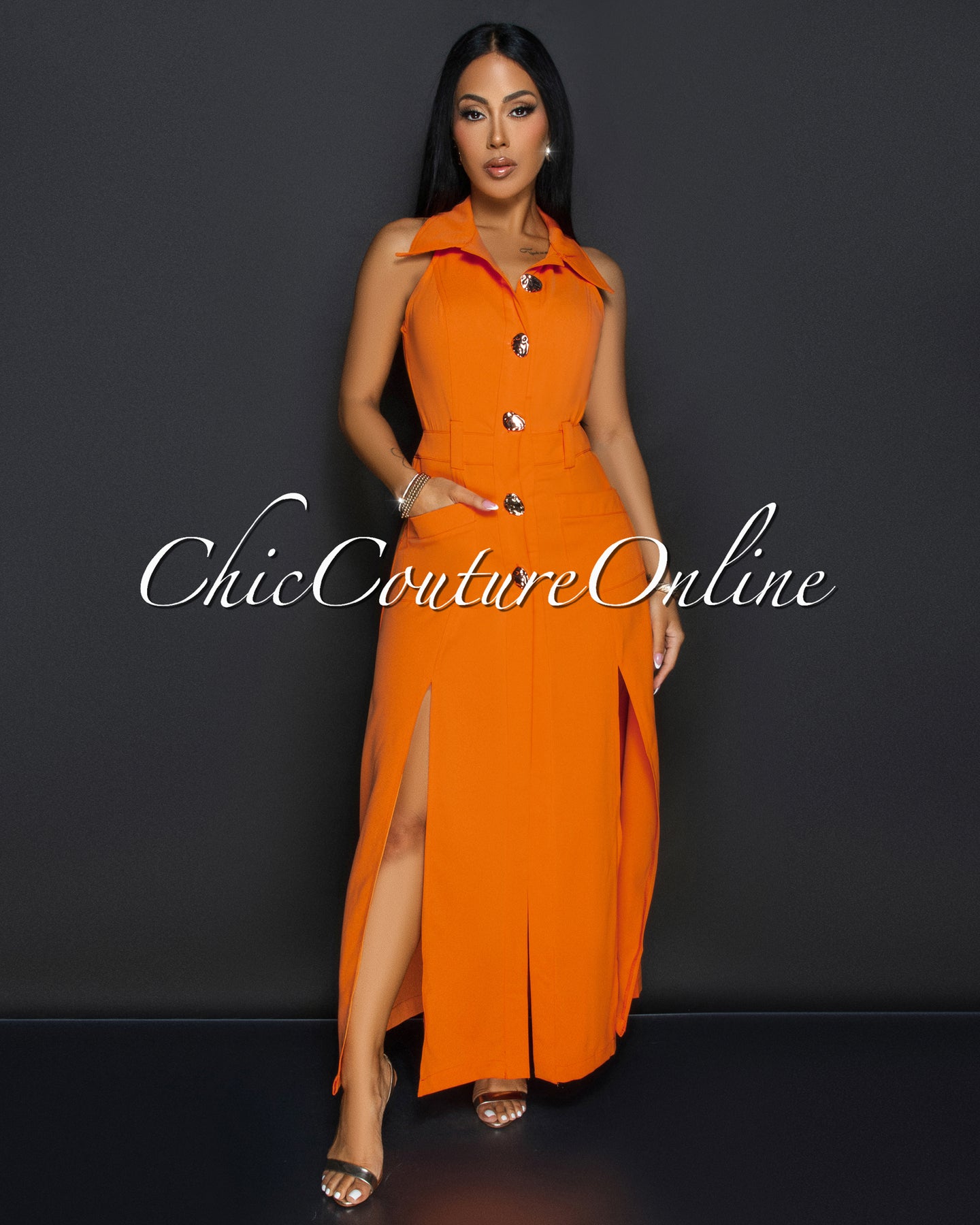 Shara Orange Gold Accent Slit Midi Dress