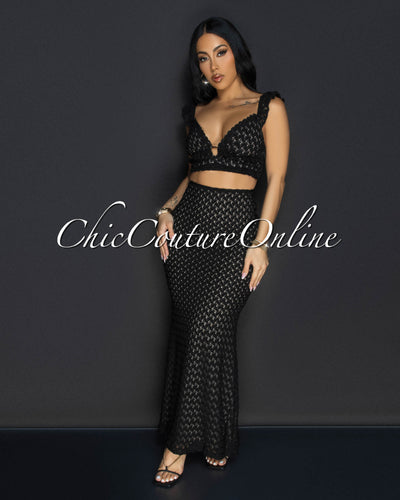 Miu Black Lace Ruffle Top & Skirt Two Piece Set