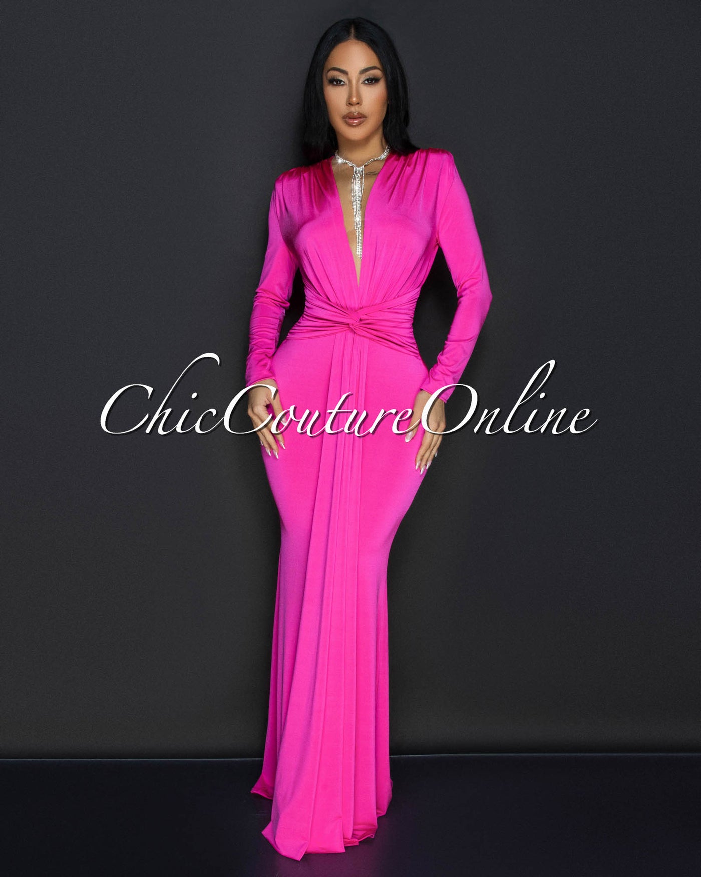 Cordelia Fuchsia Long Sleeves Deep V-Neck Maxi Dress