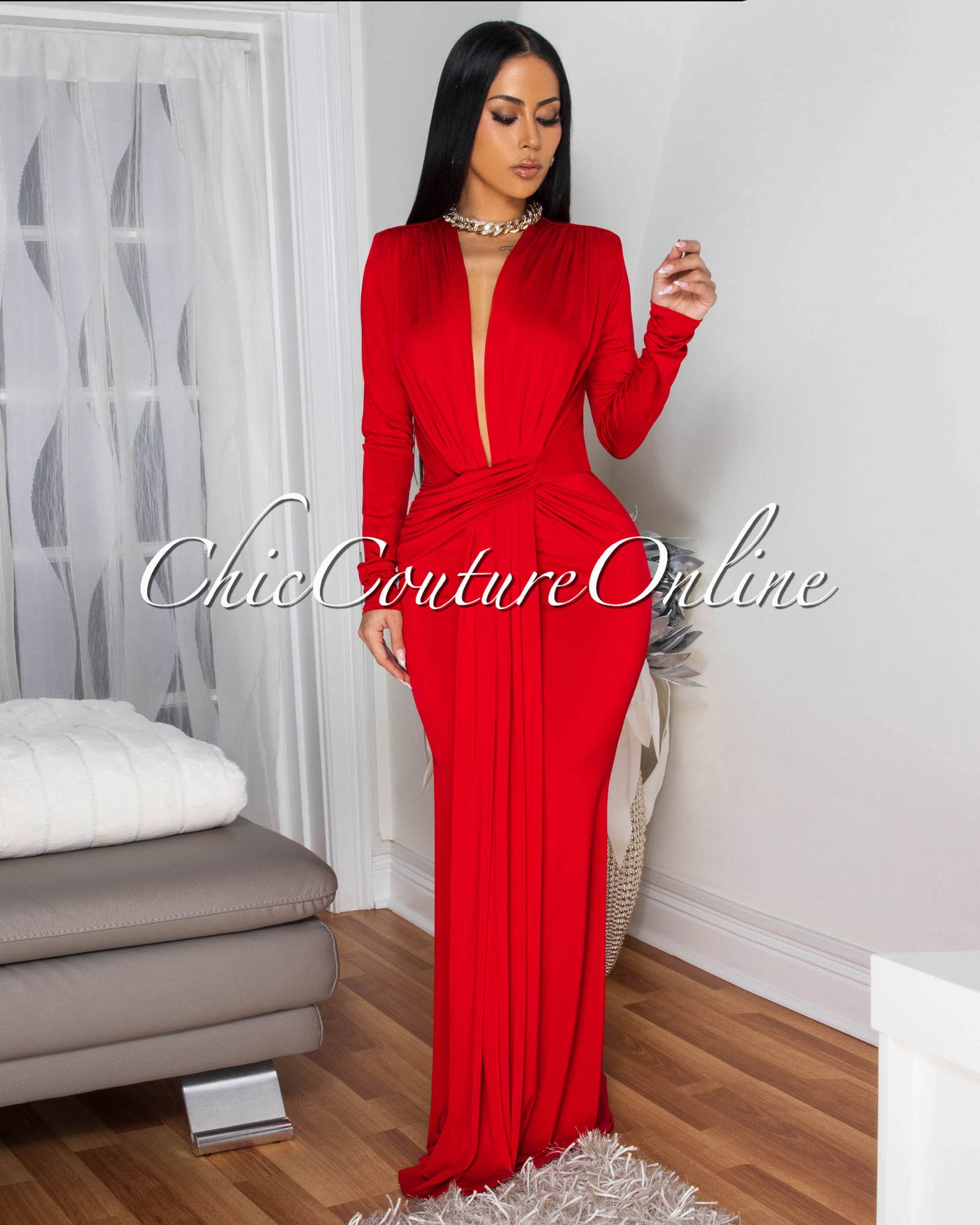 Shelley Red Long Sleeves Deep V-Neck Maxi Dress