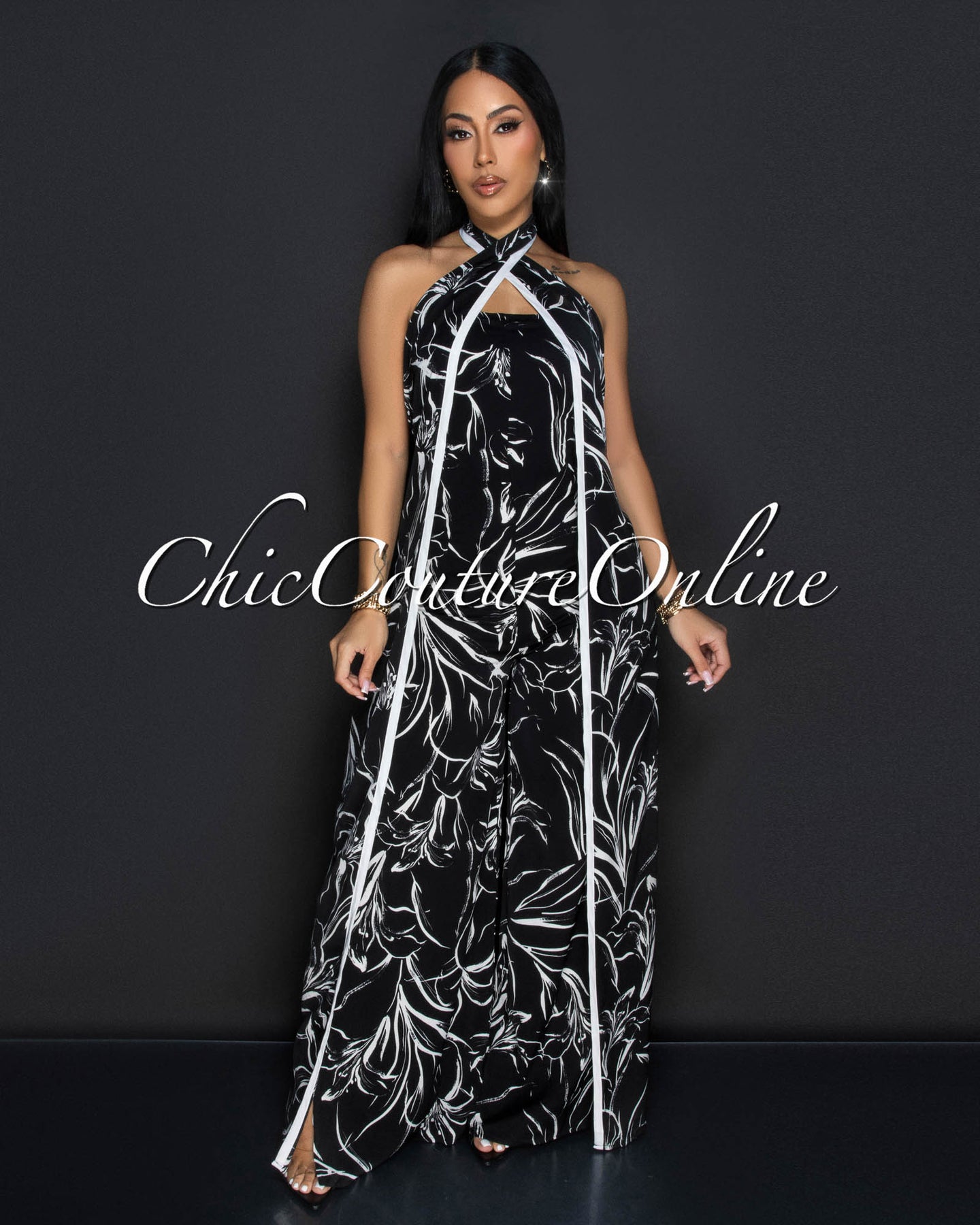 Xenora Black White Cross Halter Wide Legs Jumpsuit
