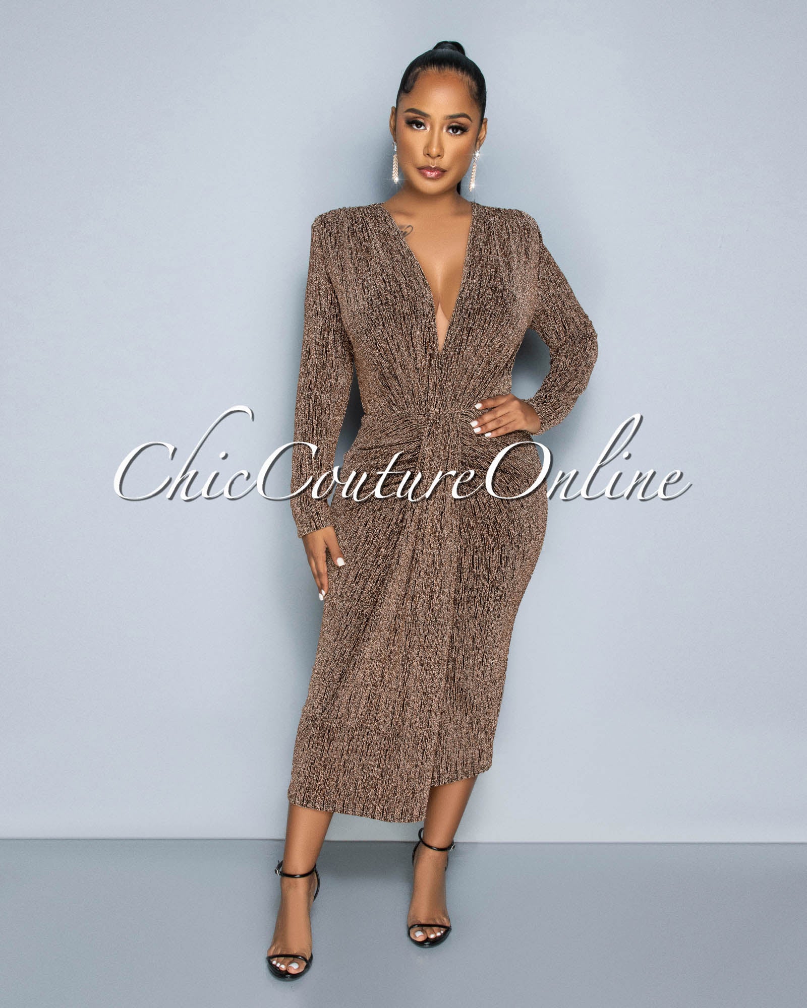 Contra Black Gold V-Neck Draped Shimmer Midi Dress