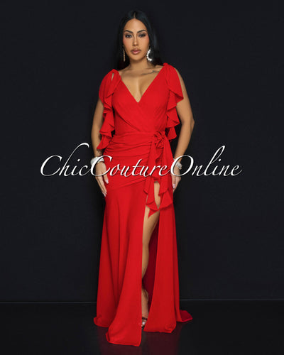 Abianka Red Ruffle Slit Maxi Dress