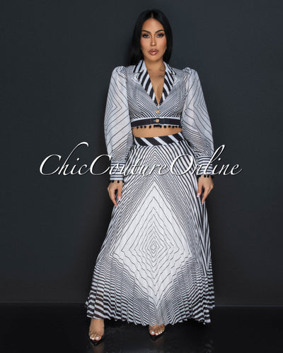 Varouna Black White Print Blouse & Pleated Long Skirt Set