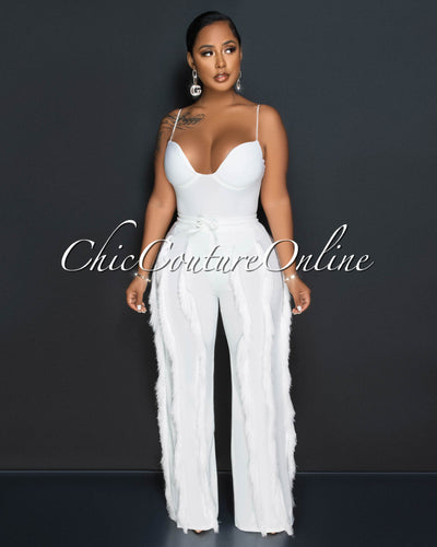 *Cofra Off-White Padded Cups Bodysuit & Fringe Pants Set