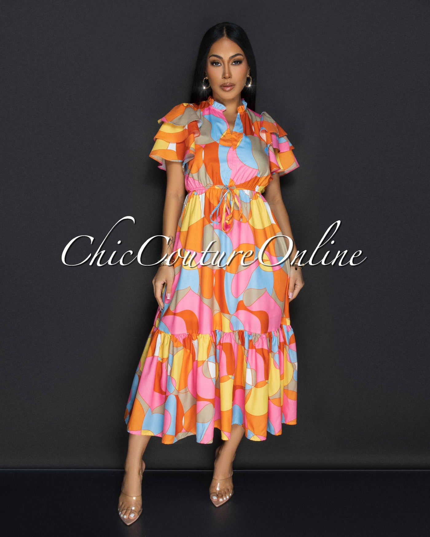 Kora Pink Multi-Color Ruffle Midi Dress