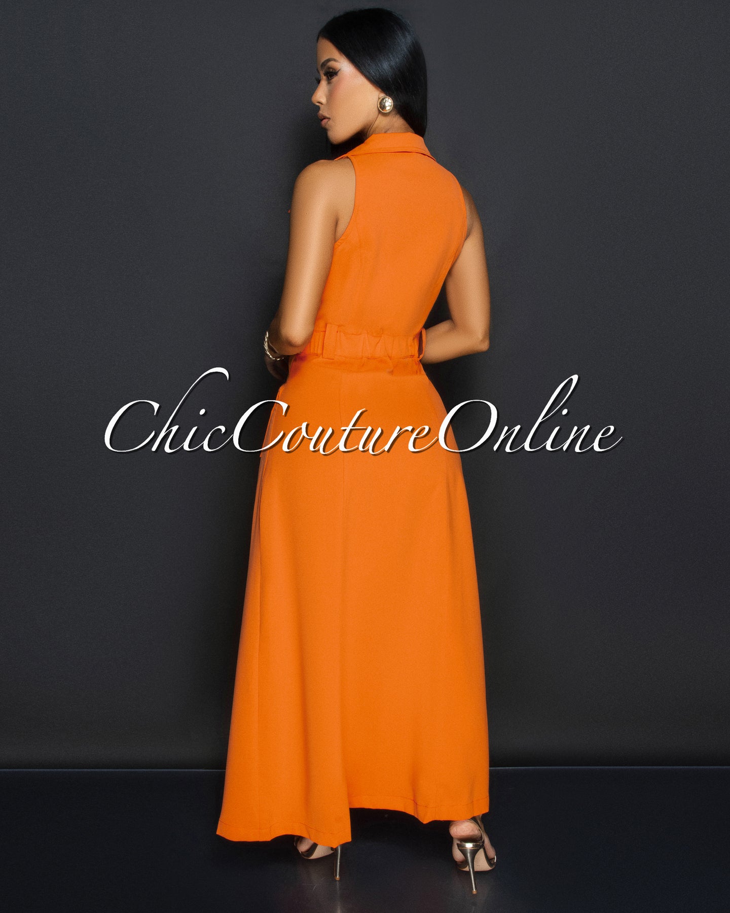 Shara Orange Gold Accent Slit Midi Dress