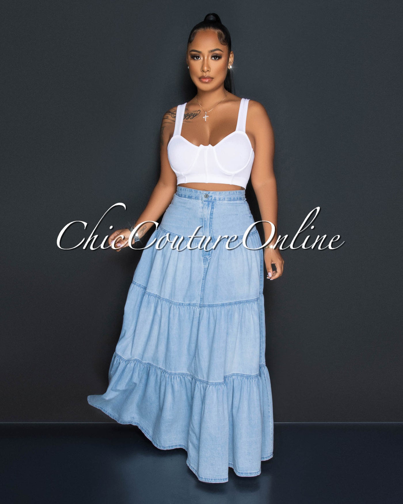 Caria Light Blue Tier Denim Maxi Skirt (5/10)