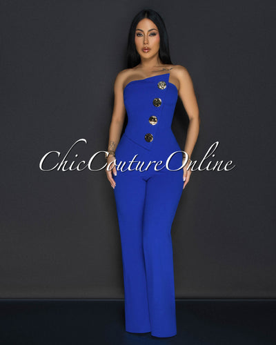 Amiri Royal-Blue Gold Accent Button Strapless Jumpsuit