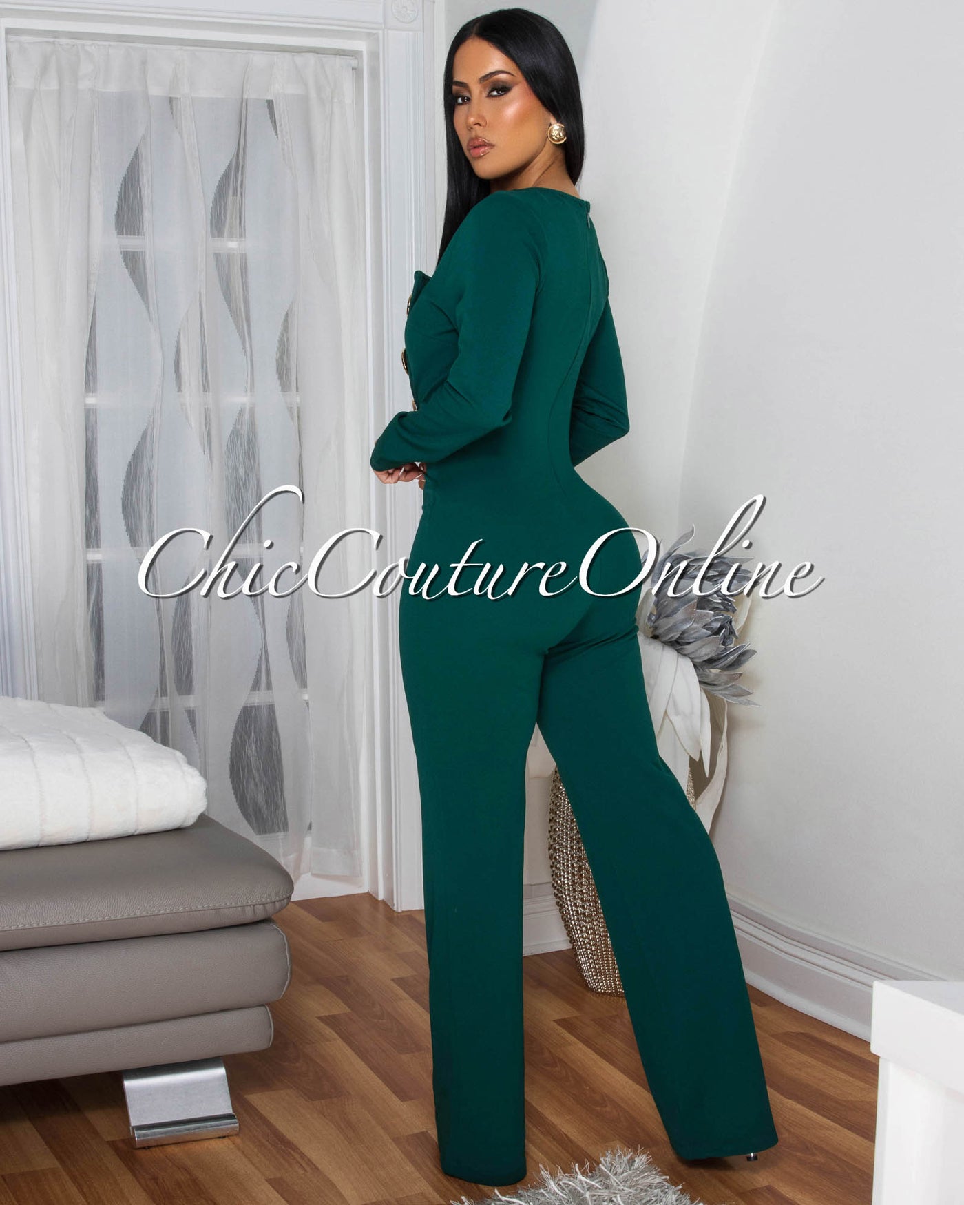 Ednella Hunter Green Gold Accent Button Long Sleeves Jumpsuit