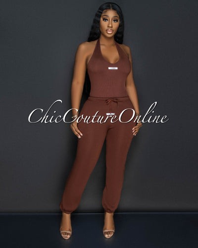 Baely Brown Ribbed Bodysuit & Sweatpants Set