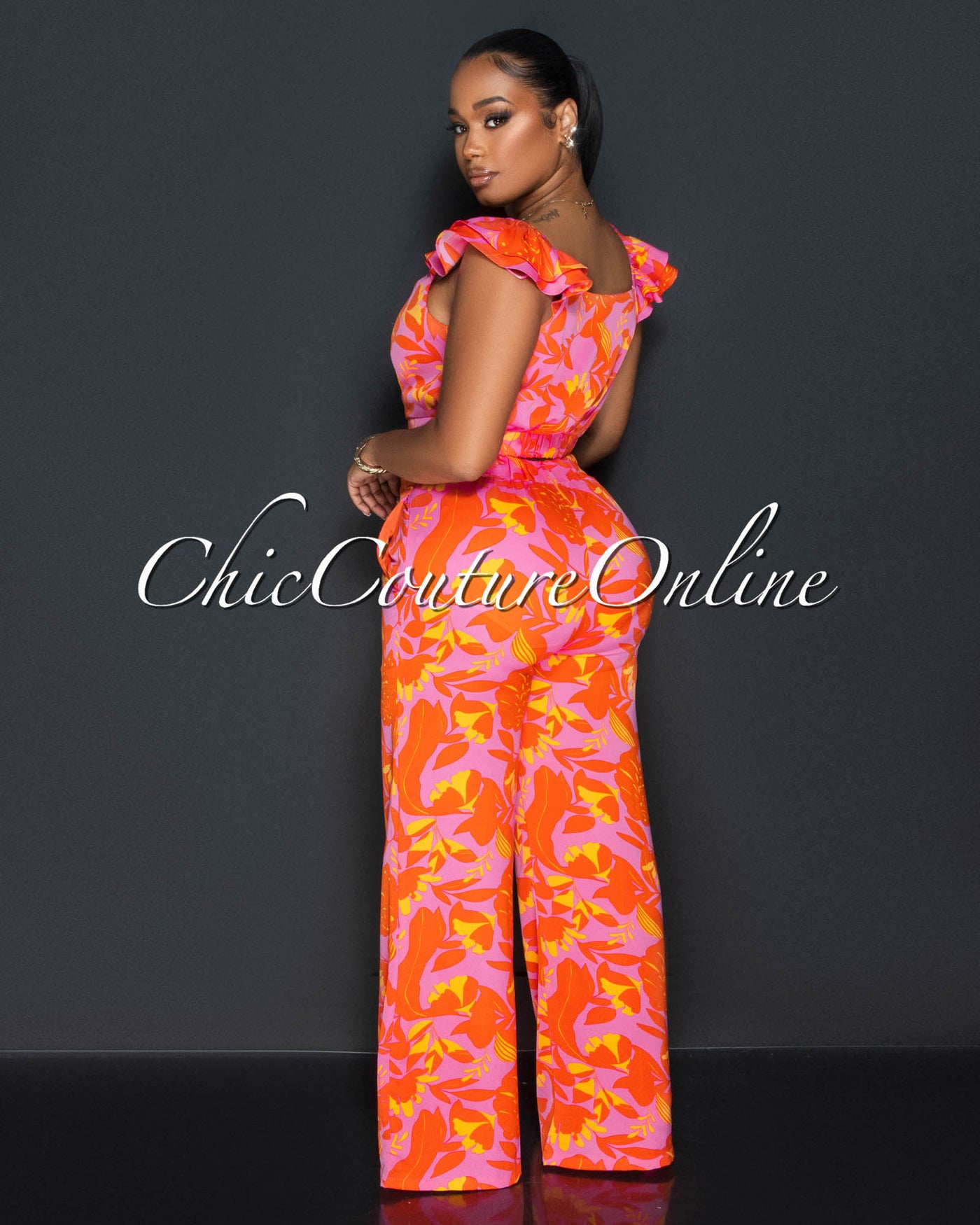 Clay Pink Orange Ruffle Sleeves Crop Top & Wide Pants Set