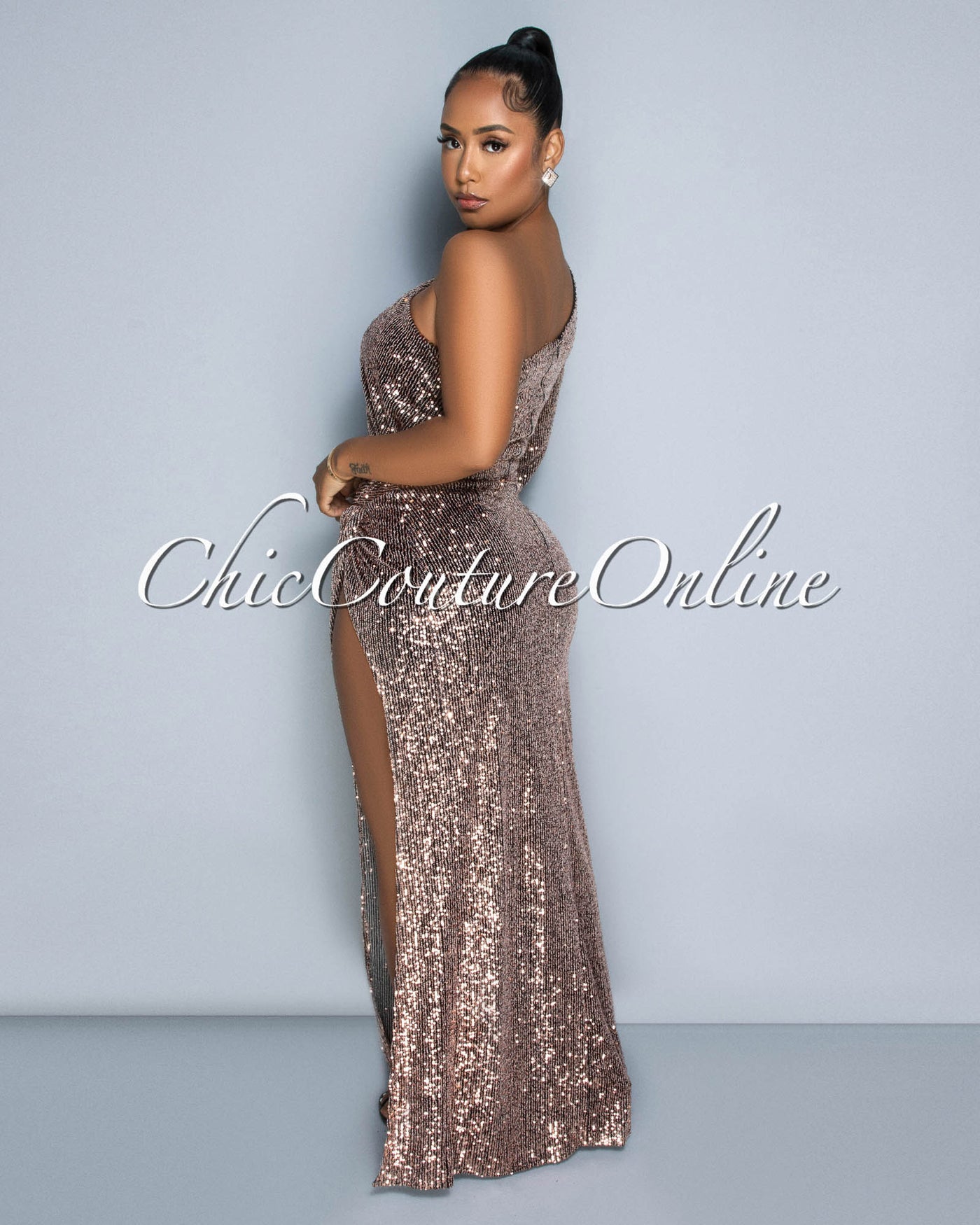 black and rose gold maxi dress Long Illusion Prom Dress with Metallic Accents