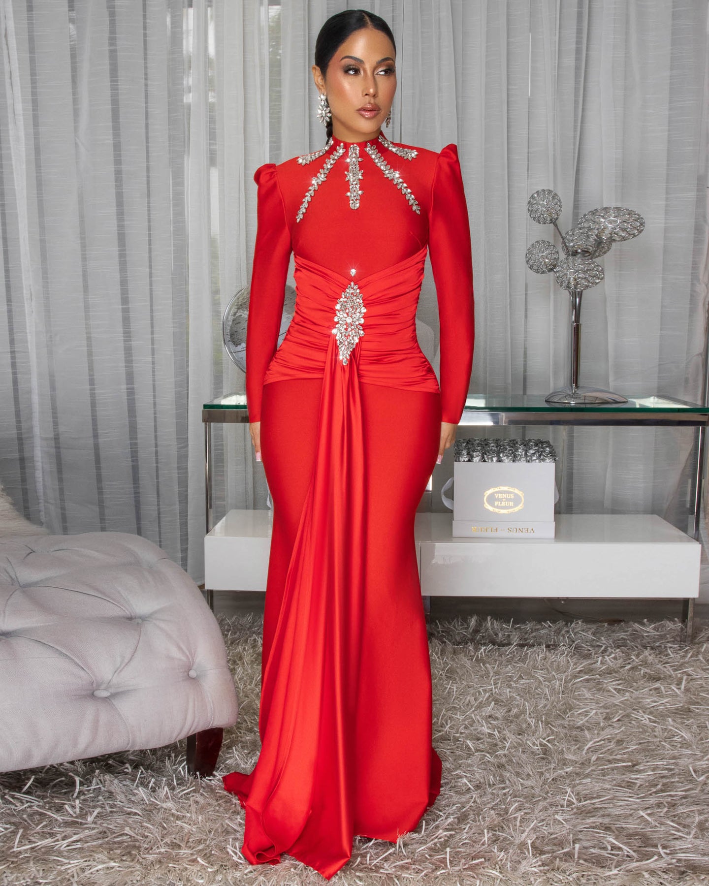 Valencia Red Rhinestones Maxi Bandage Dress