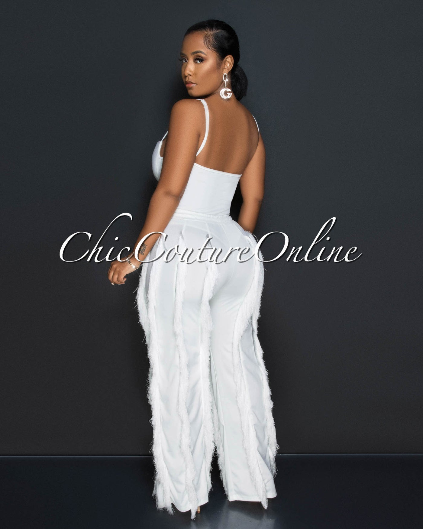 *Cofra Off-White Padded Cups Bodysuit & Fringe Pants Set