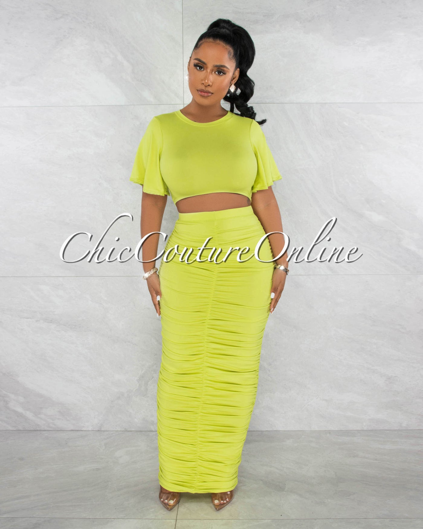 *Pharia Neon Green Crop Top & Ruched Maxi Skirt Set