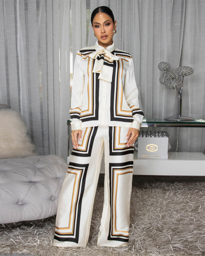 Collins Ivory Multi-Color Stripes Silky Blouse & Pants Set