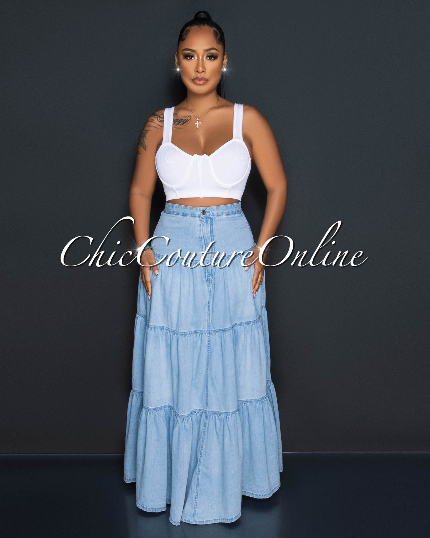 Caria Light Blue Tier Denim Maxi Skirt (5/10)