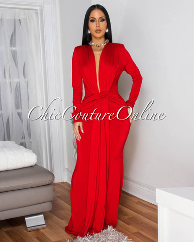 Shelley Red Long Sleeves Deep V-Neck Maxi Dress